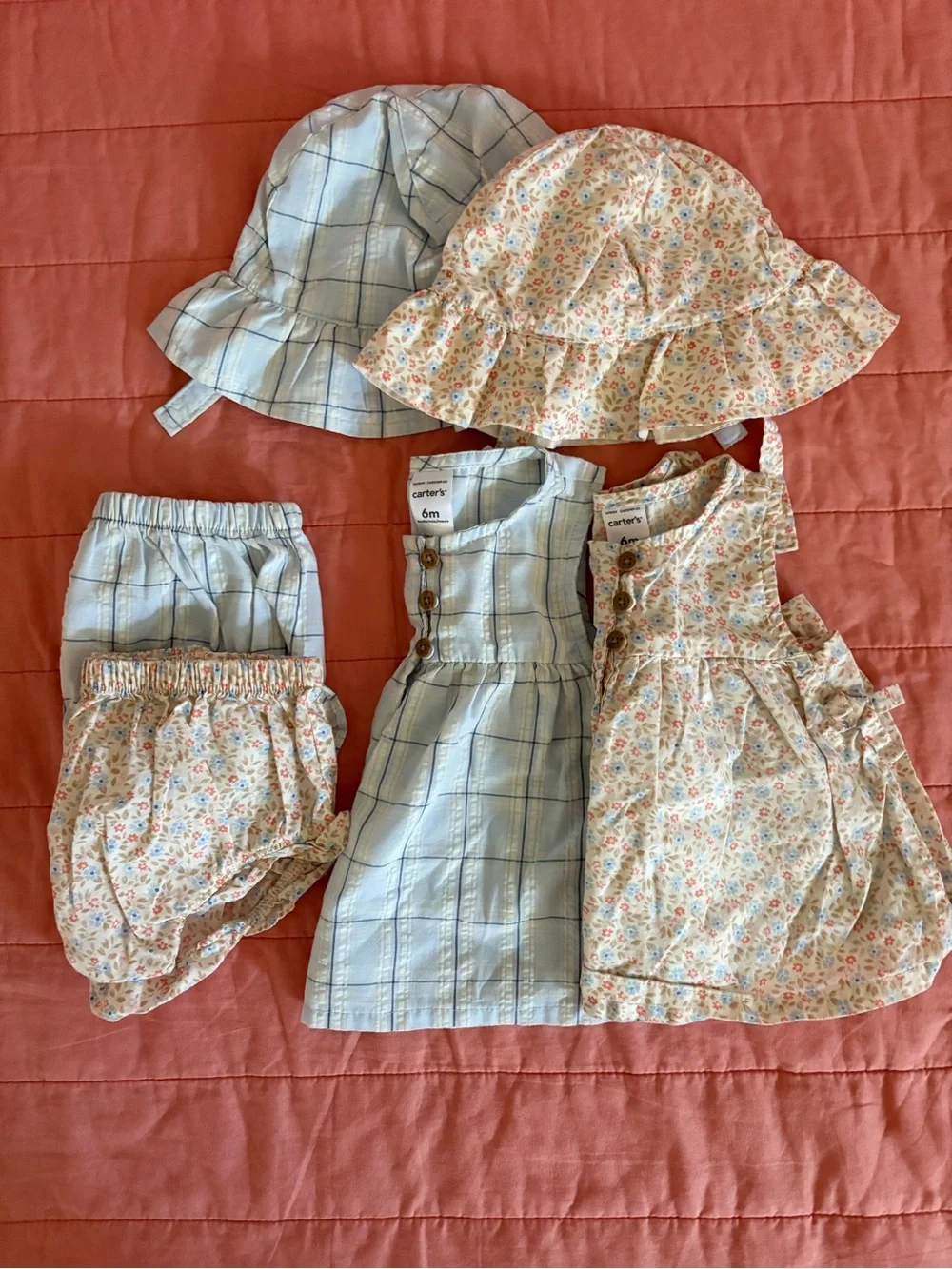 Carter's Blue Plaid & Floral Baby Matching Hat Dress Sets